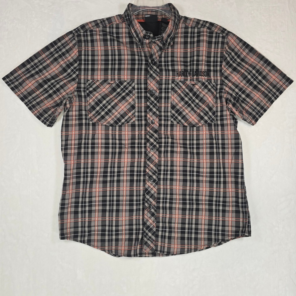 Harley Davidson Mens Large Plaid Shirt Skull Embroidered Short Sleeve Button Up